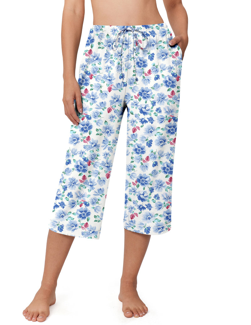 Floral capri pajama pants with drawstring waist, elastic cuffs, light blue and white