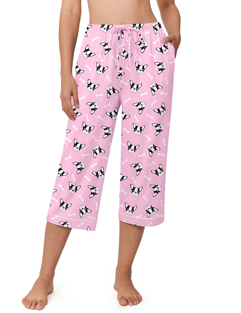 Pink capri pajama pants with dog print and drawstring elastic waist