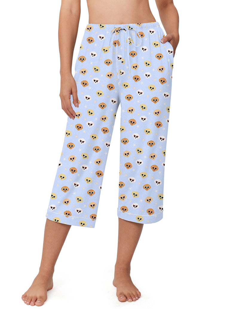 Light blue capri pajama pants with teddy bear face print and drawstring elastic waist