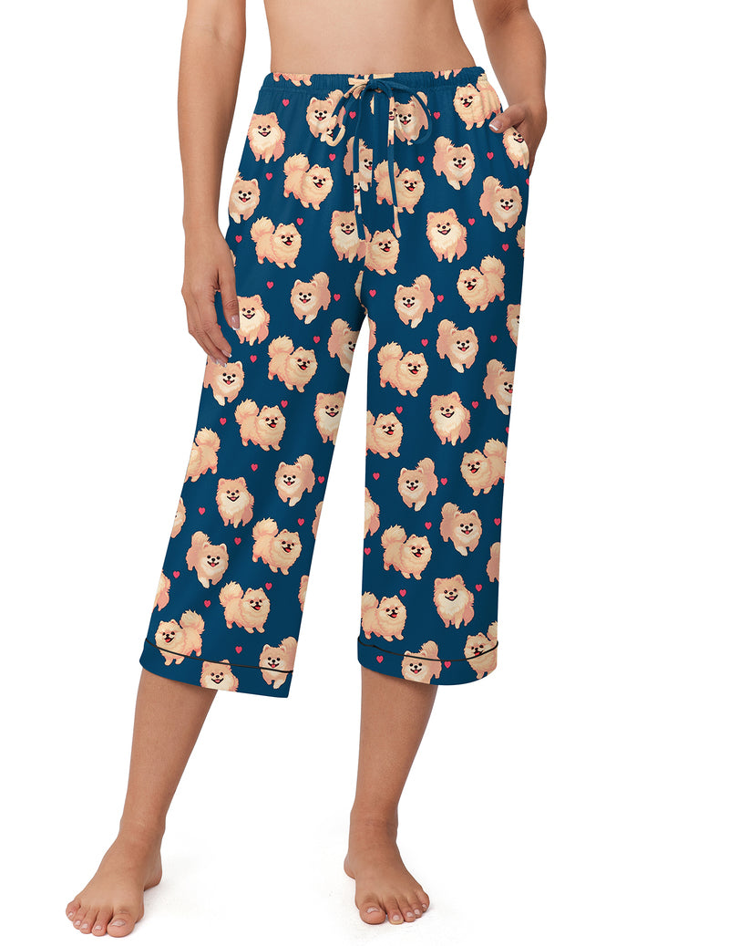 Navy capri pajama pants with teddy bear print and drawstring elastic waist