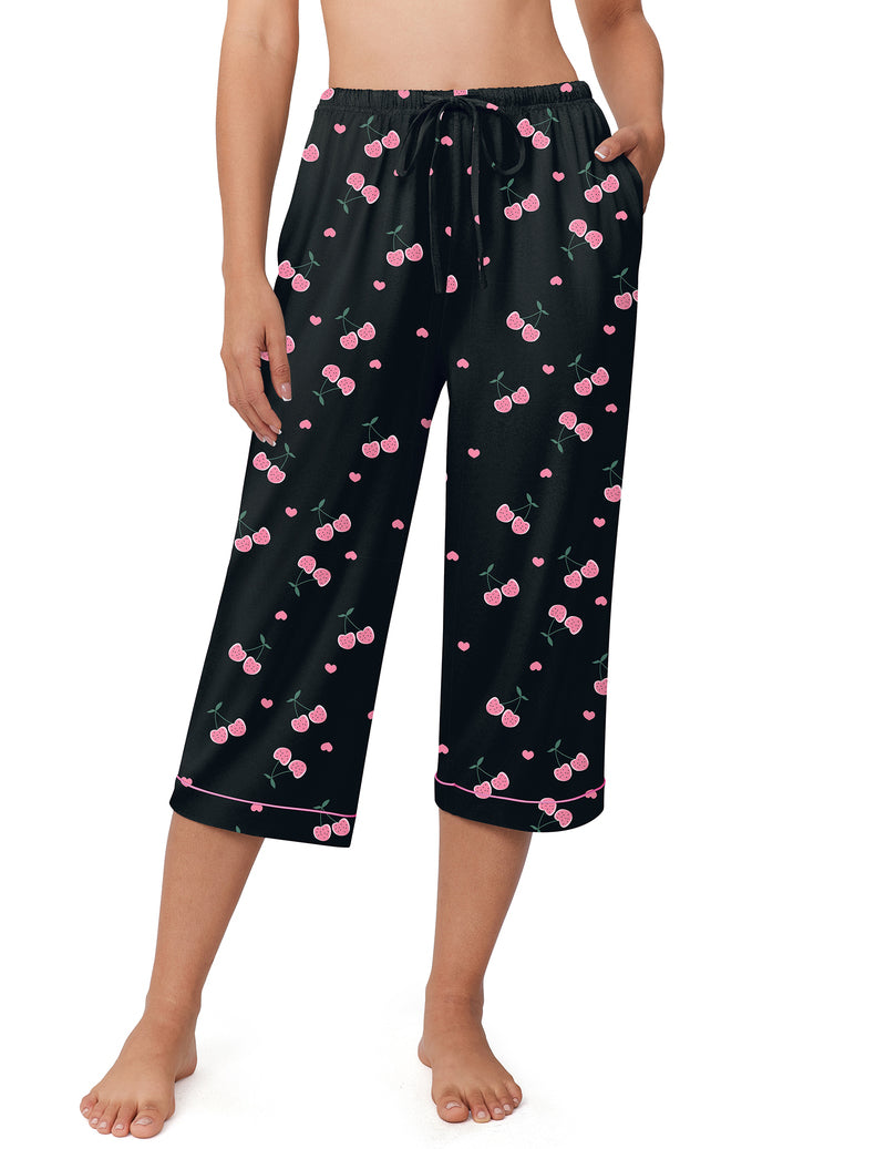 Black capri pajama pants with pink cherry print and drawstring elastic waist