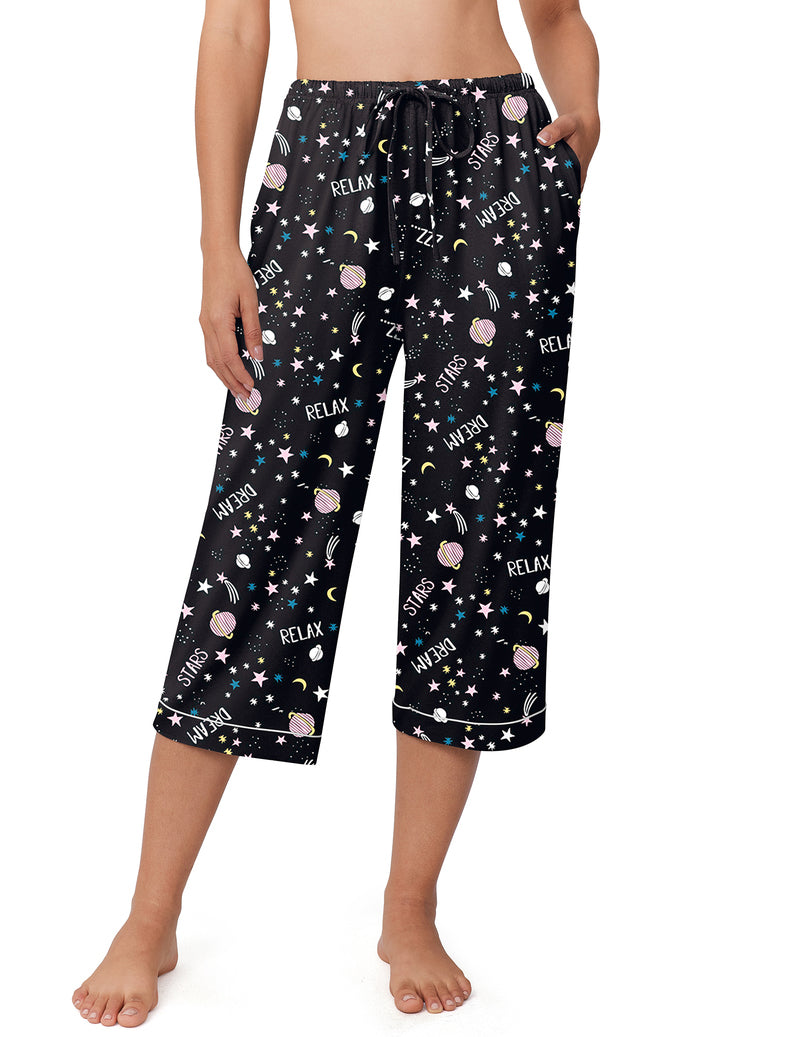 Black capri pajama pants with stars and RELAX print, drawstring elastic waist