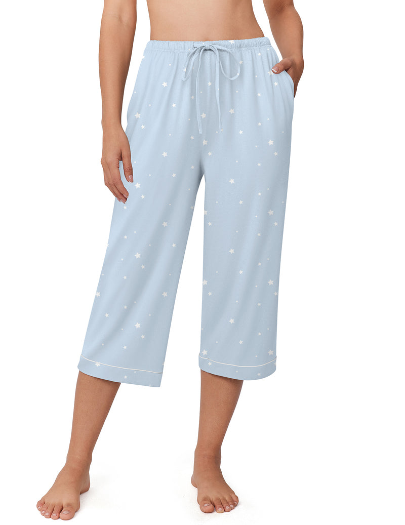 Light blue capri pajama pants with white star print and drawstring waistband