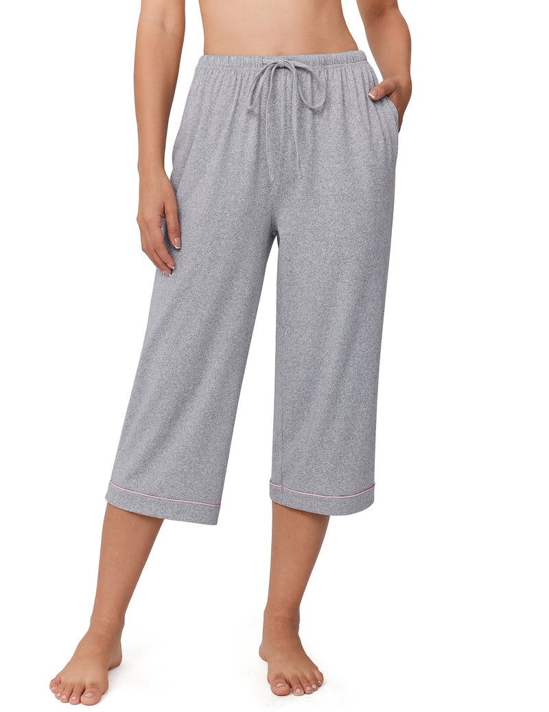Grey capri pajama pants with drawstring waistband and relaxed wide legs