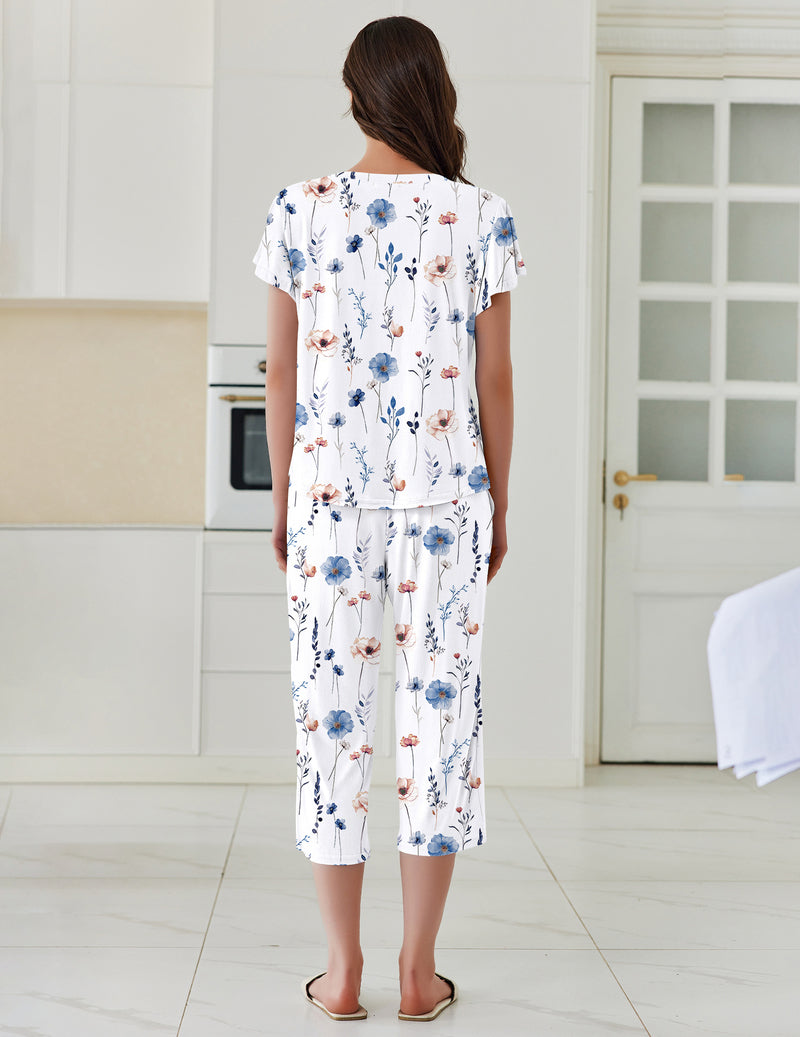 White floral ruffle-sleeve pajama top and capri pants set, back view