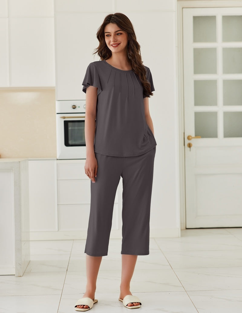 Dark gray ruffle-sleeve pajama top and capri pants set