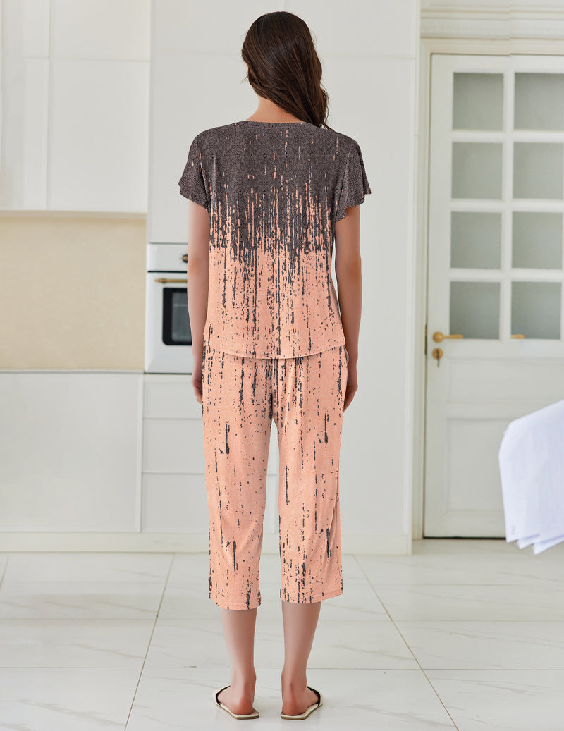 Back view of speckle ruffle-sleeve top with matching capri pajama pants