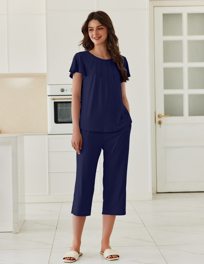 Navy ruffle-sleeve top with matching capri pajama pants set