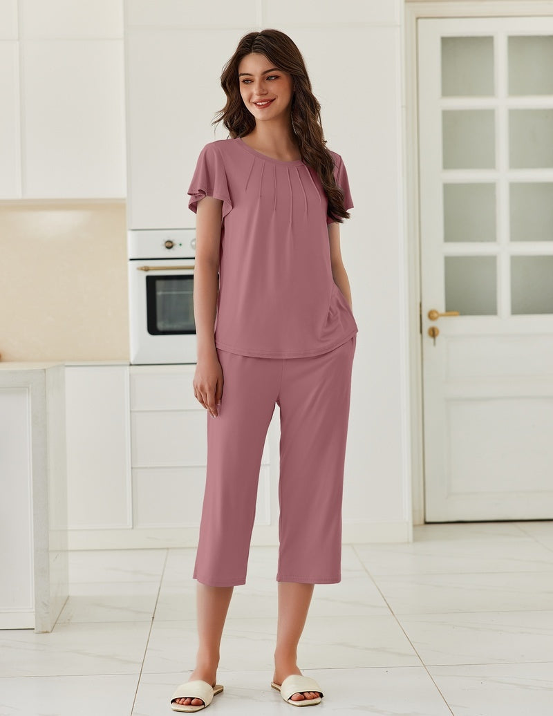 Mauve/pink ruffle-sleeve top with matching capri pajama pants set