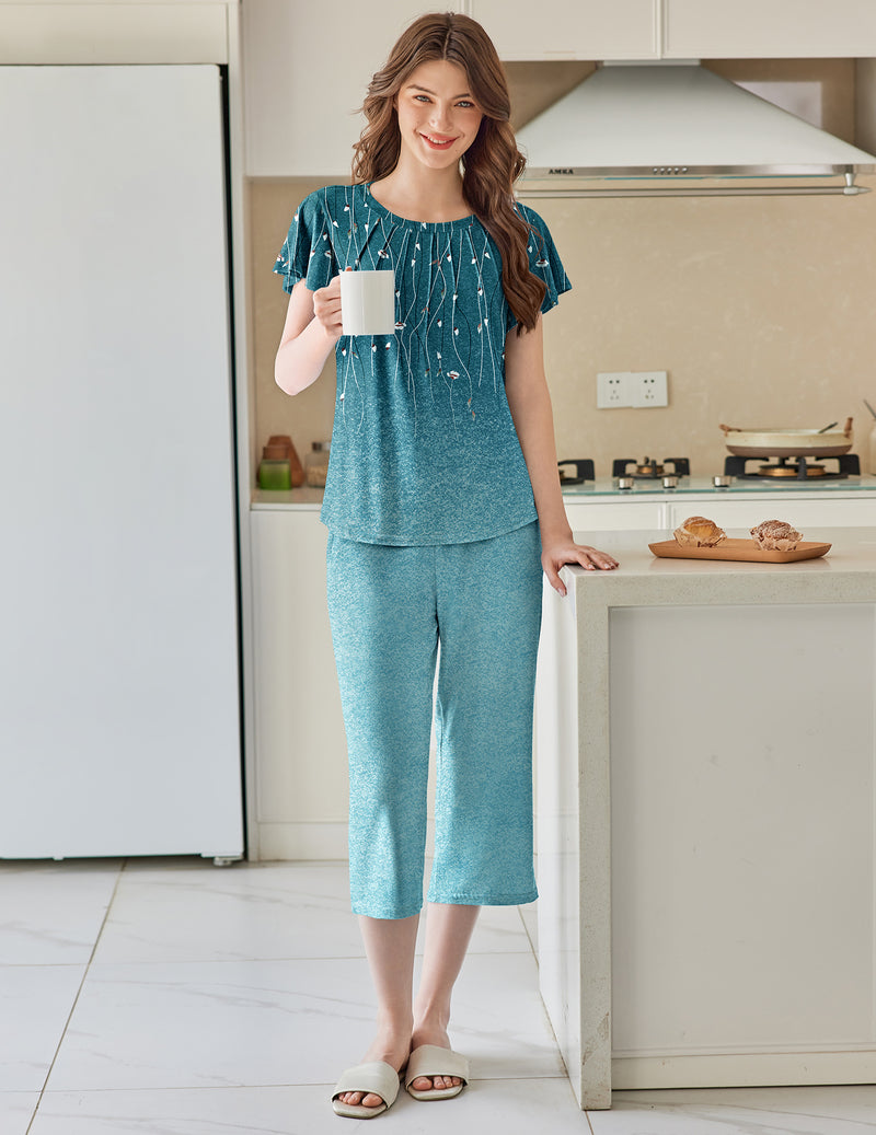 Teal speckle ruffle-sleeve top with matching capri pajama pants set