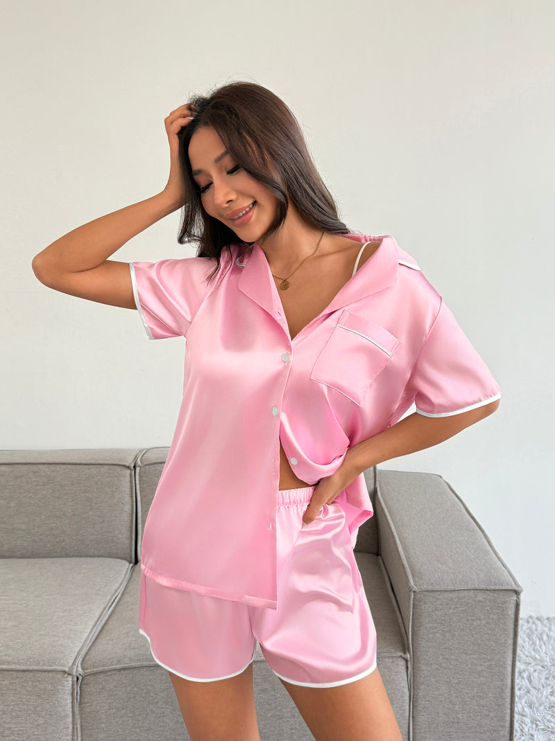 Satin Pajamas Set 2 piece Silky Button Down Sleepwear Shorts Pj Set