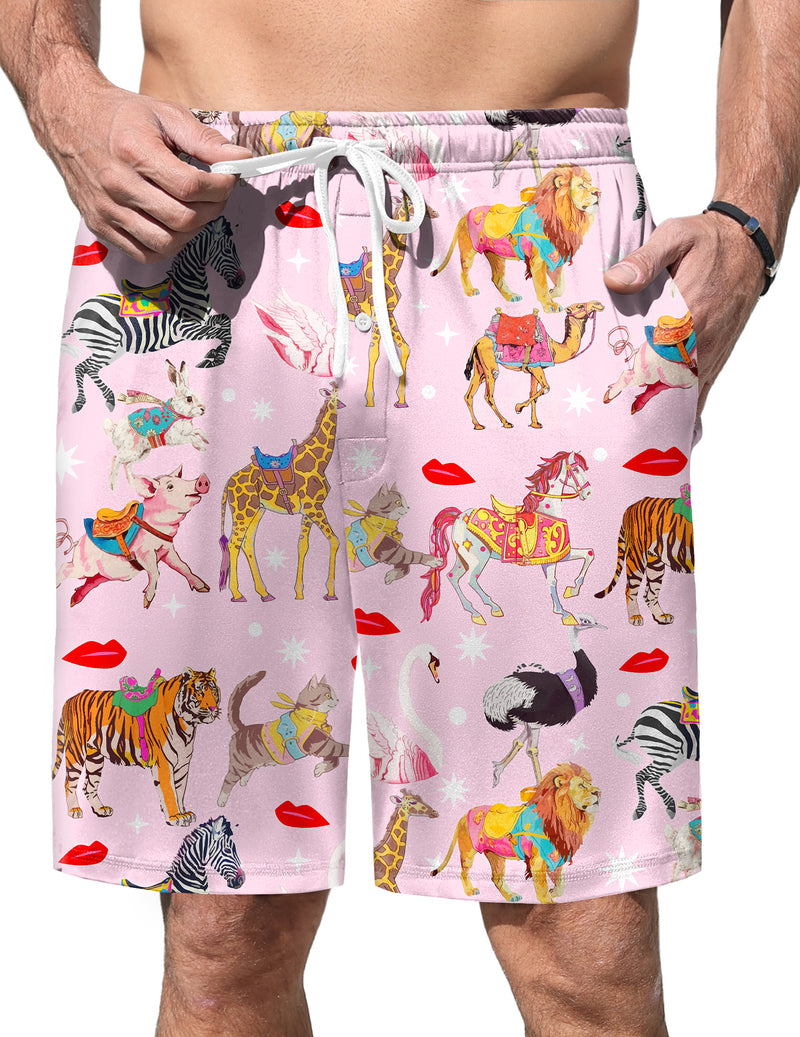 Men’s pajama shorts with pink background and colorful animal print, elastic waist and drawstring