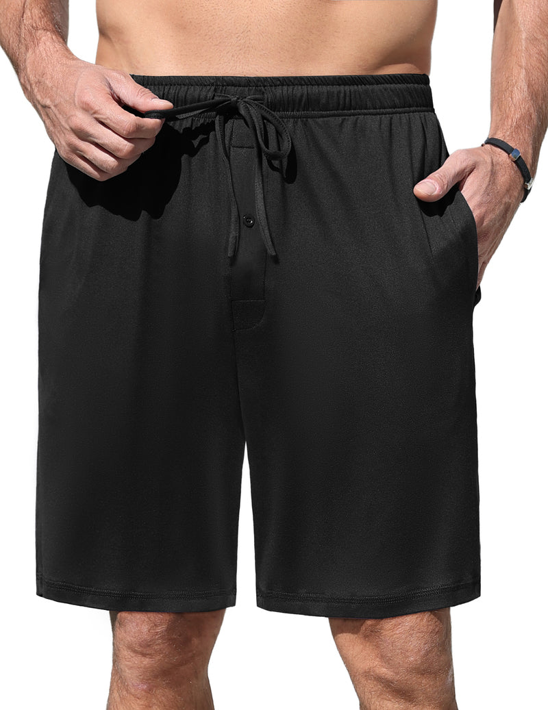 Men’s black pajama shorts with elastic waist and drawstring, side pockets