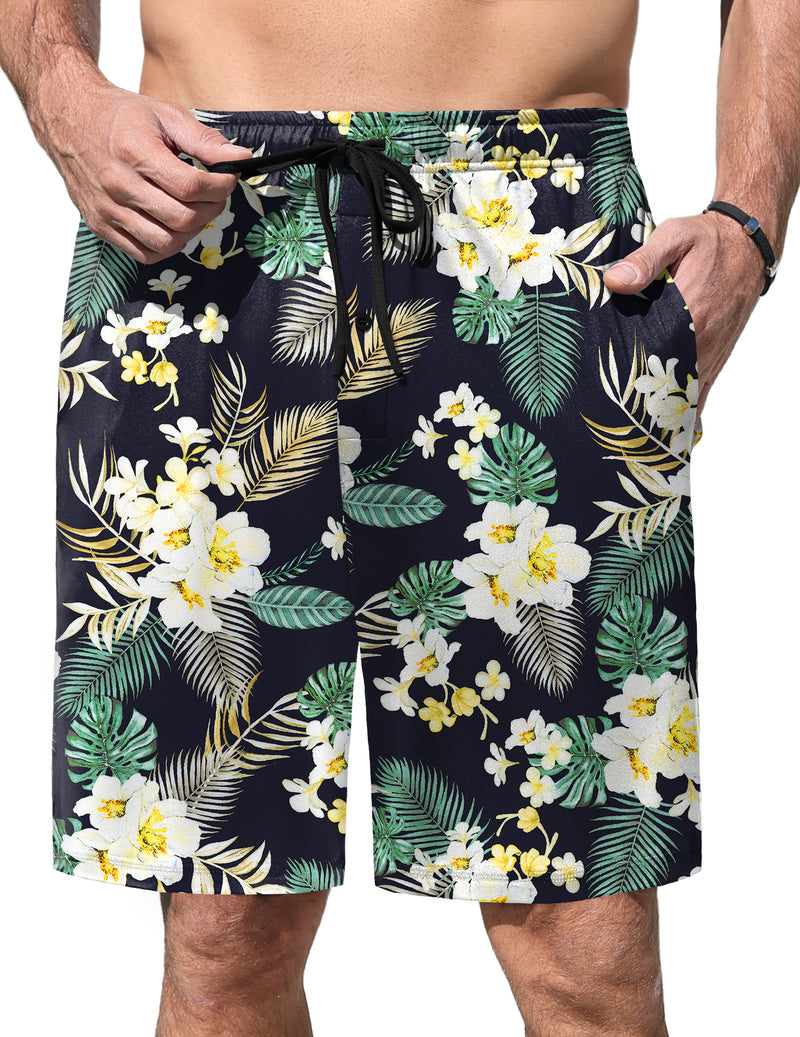 Men’s pajama shorts with dark floral print, elastic waist and drawstring