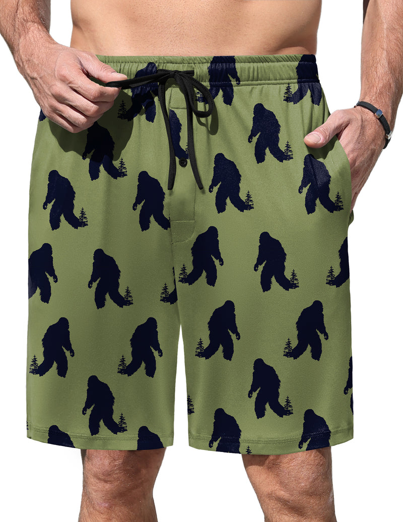Men’s pajama shorts with olive green base and navy Bigfoot silhouettes, elastic waist and drawstring