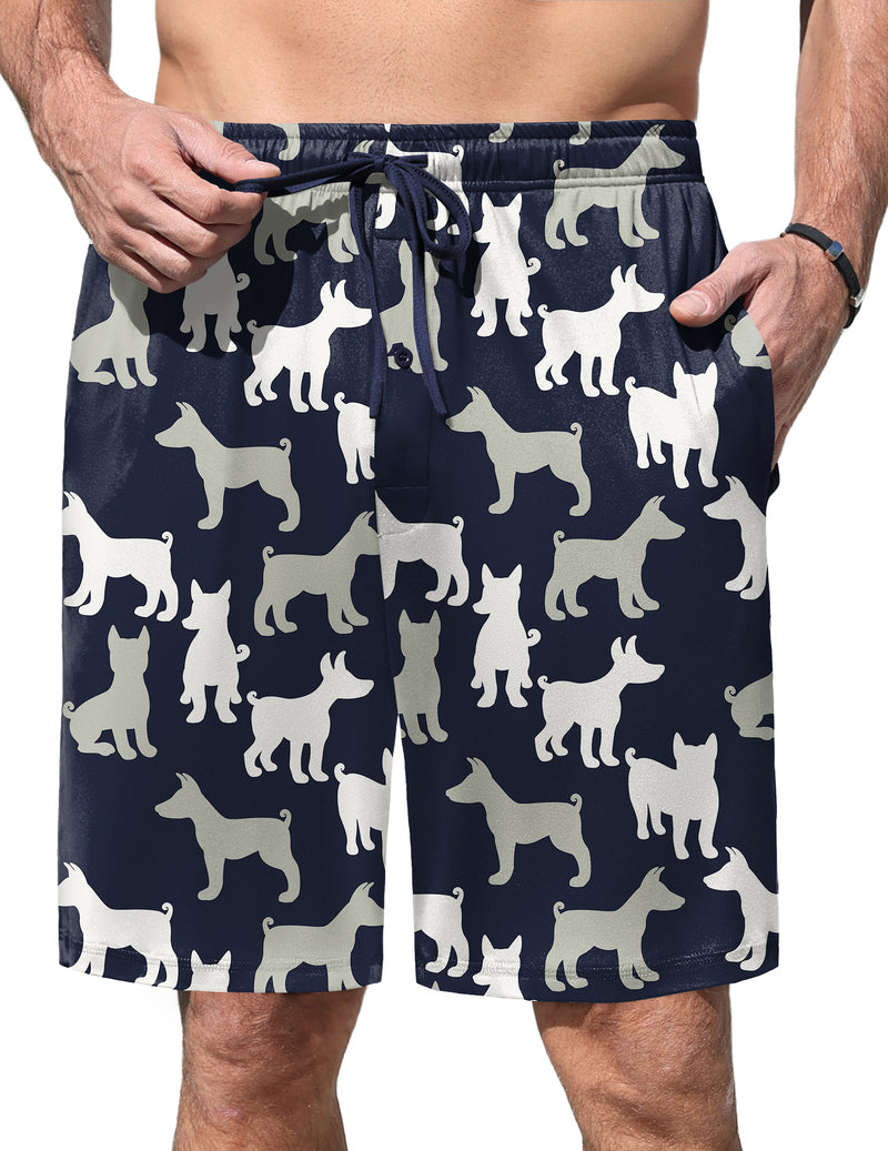 Men's elastic waist pajama shorts, navy with white dog print and drawstring.