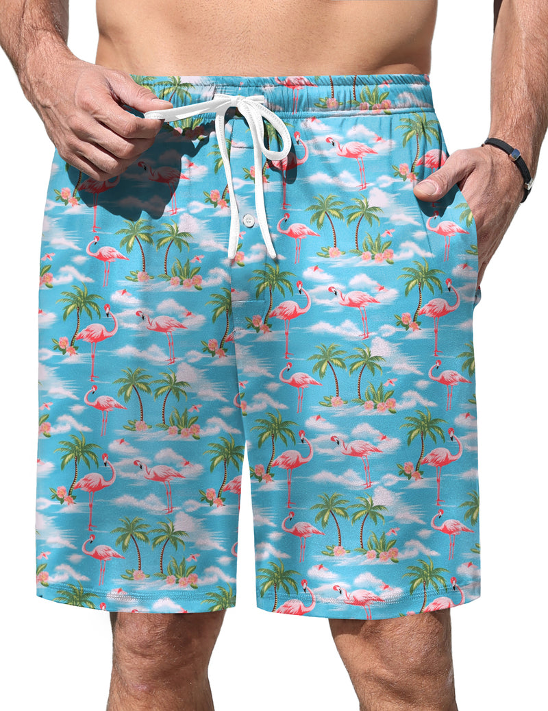 Men’s pajama shorts in light blue with flamingo and palm print, elastic waist and drawstring