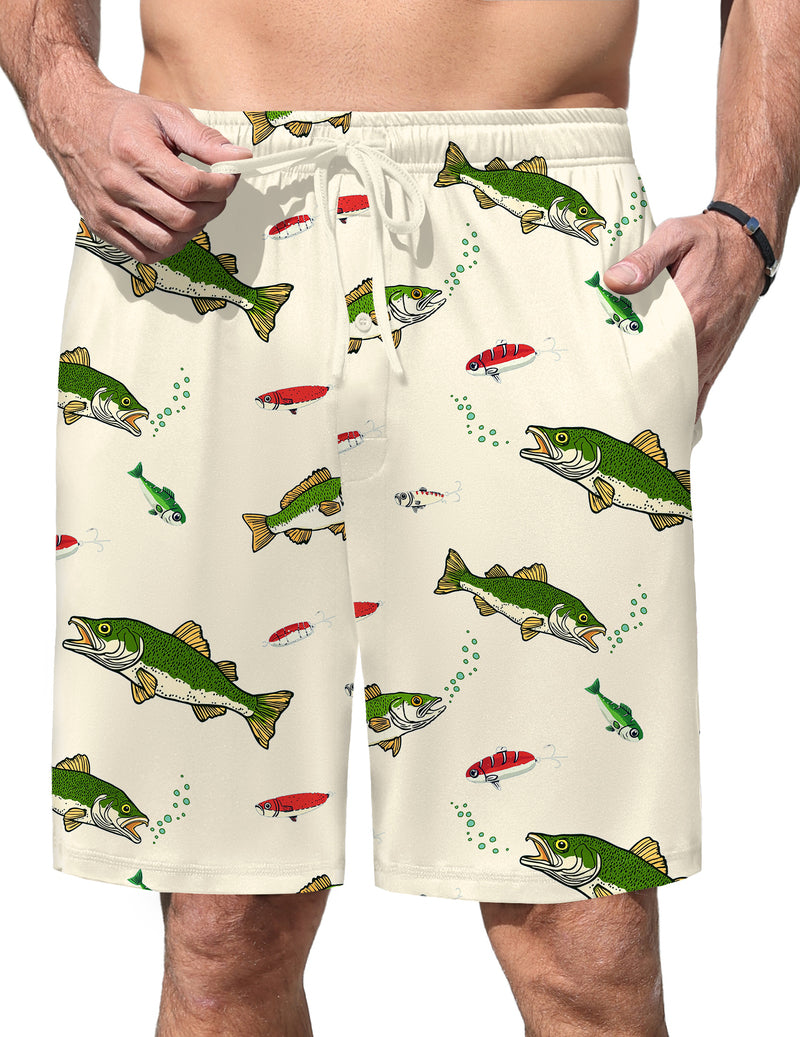 Men's elastic waist pajama shorts, cream with colorful fish print and drawstring.