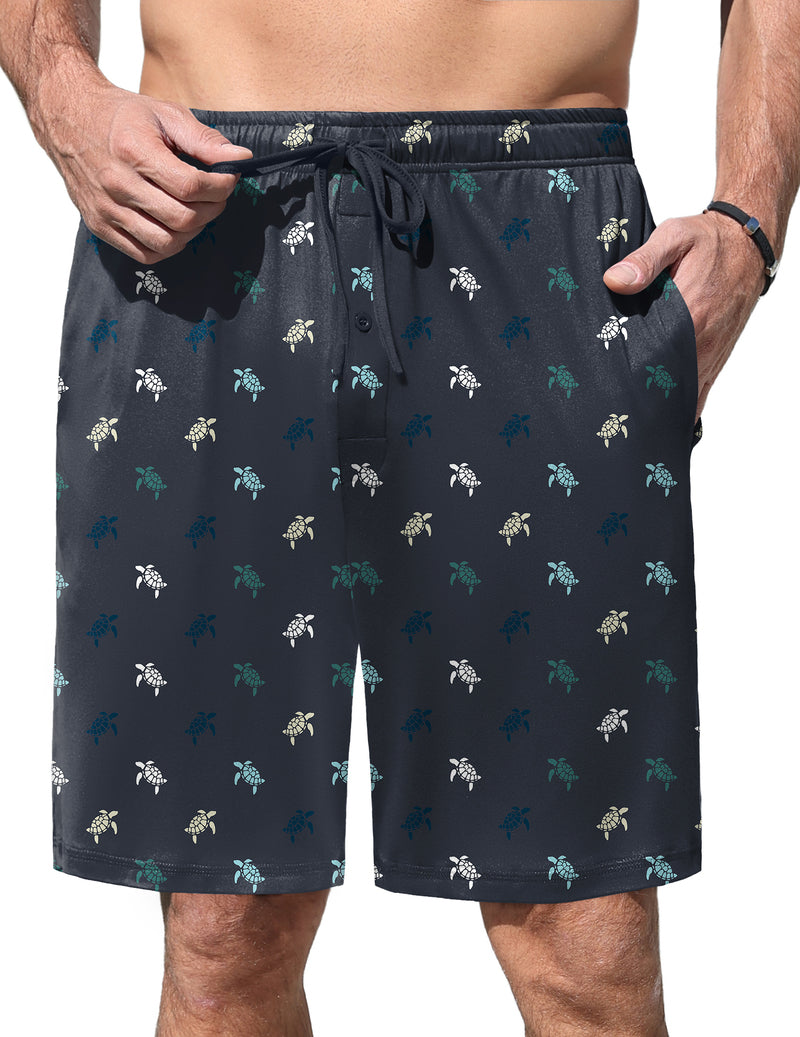 Men's elastic waist pajama shorts, dark navy with small tropical print and drawstring.