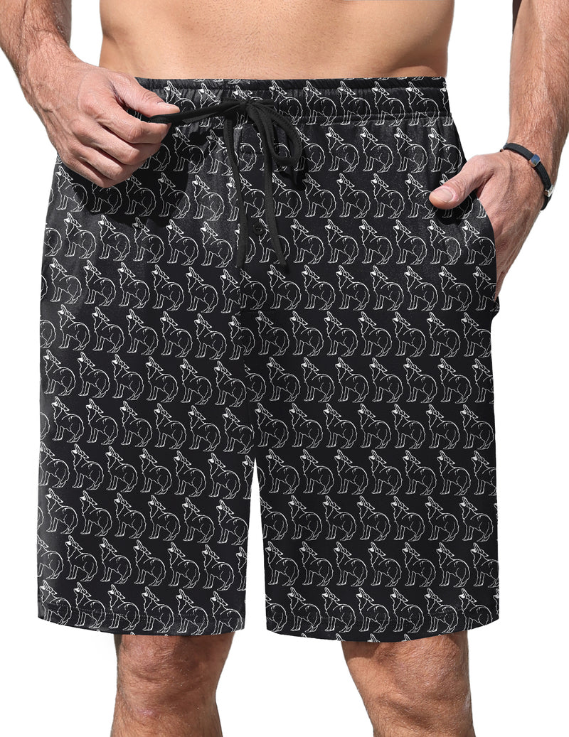 Men's elastic waist pajama shorts, black with repeating animal line pattern and drawstring.