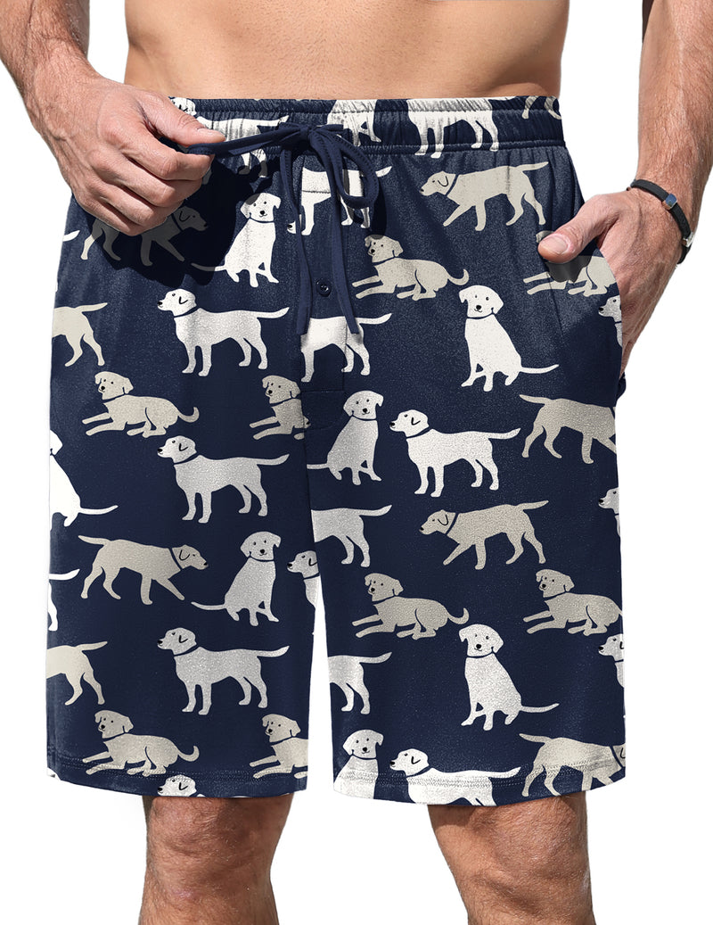 Men’s pajama shorts with navy background and light dog pattern, elastic waist and drawstring