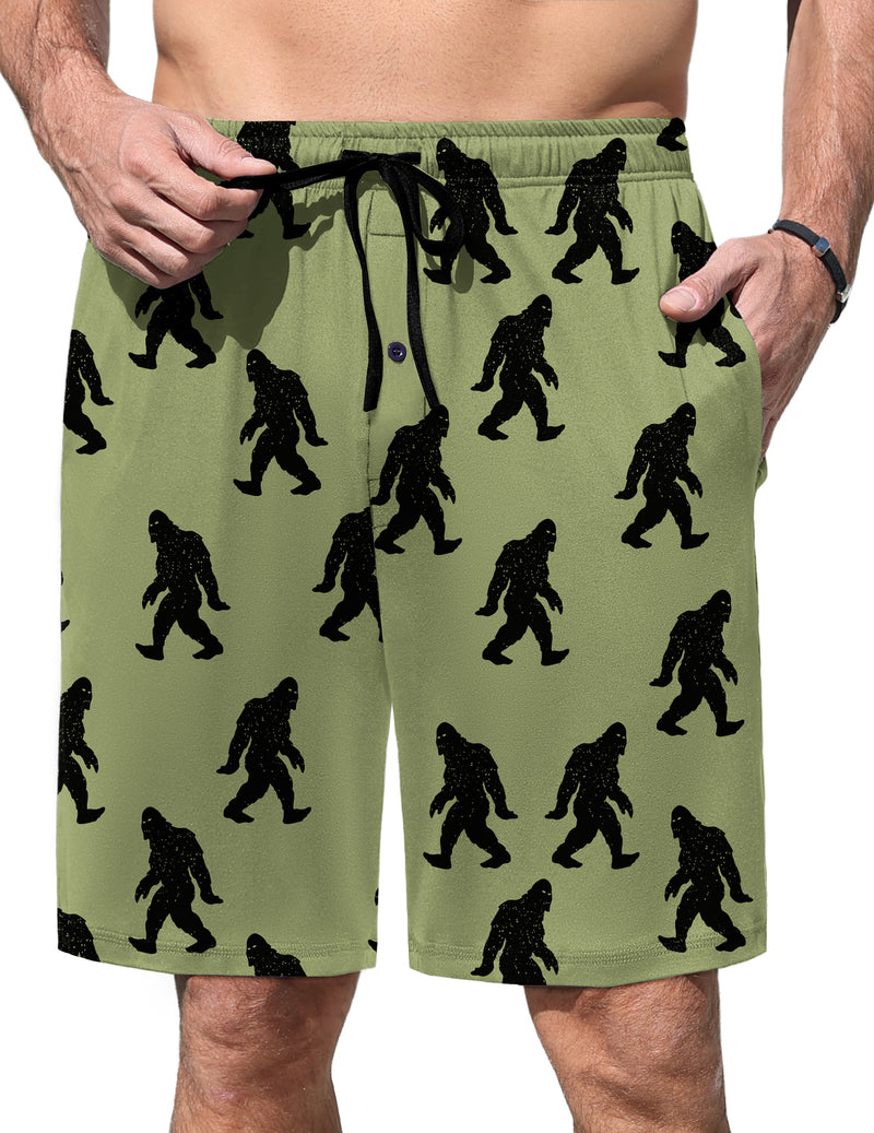 Men’s pajama shorts in olive green with black Bigfoot silhouettes, elastic waist and drawstring