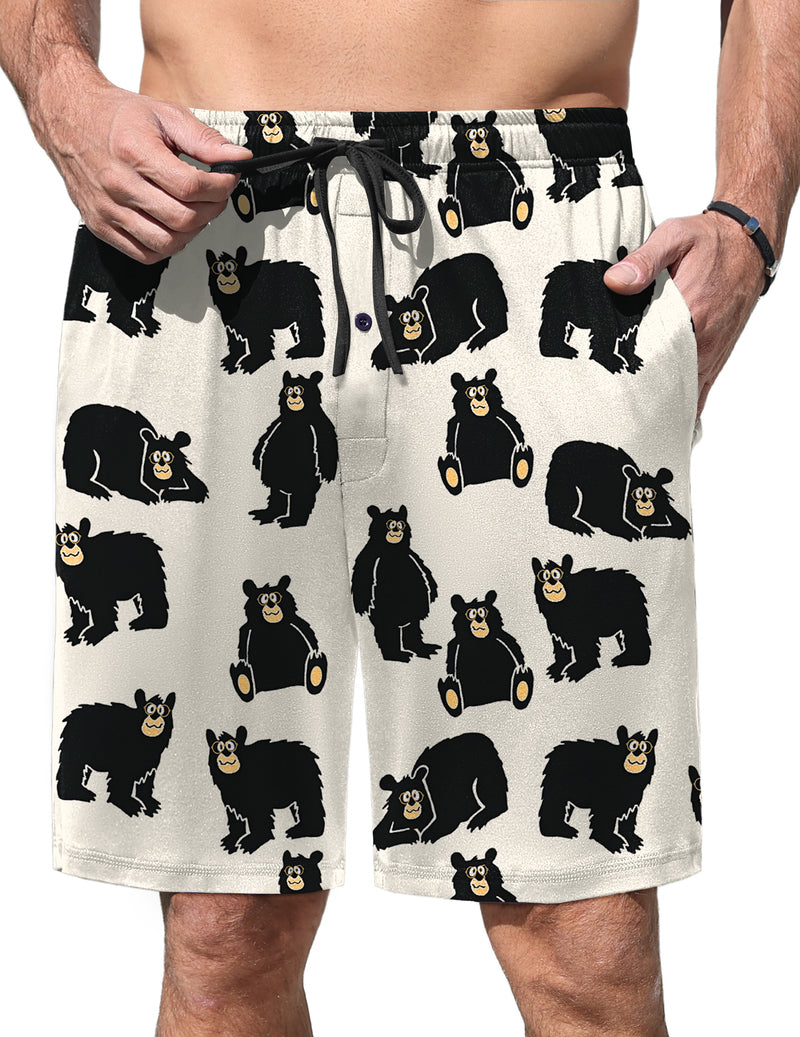 Men’s pajama shorts with white background and black bear pattern, elastic waist and drawstring