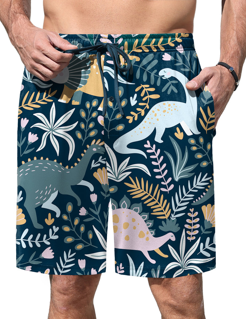 Men's elastic waist pajama shorts, navy with dinosaur and foliage print and drawstring.