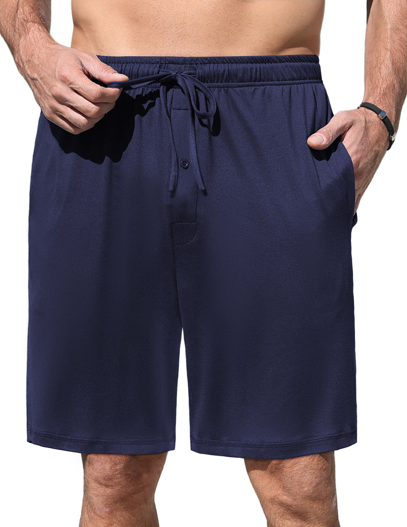Men's navy pajama shorts with elastic waistband and black drawstring