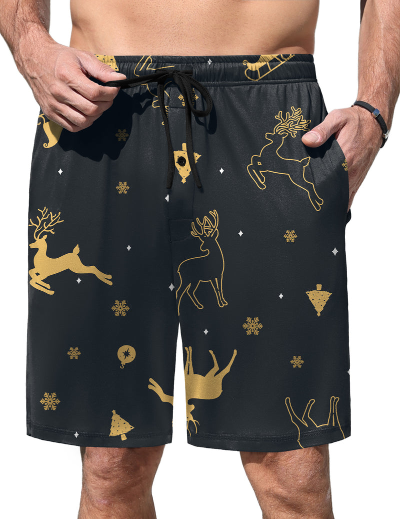 Men's navy pajama shorts with gold animal graphic print and elastic waistband