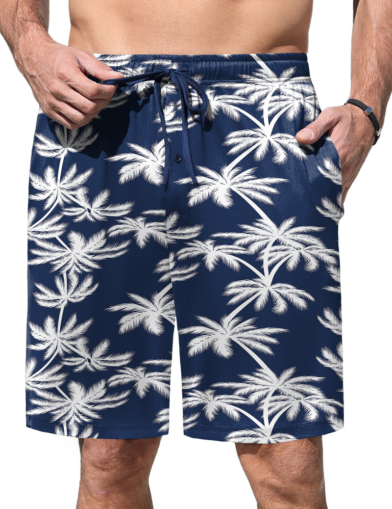 Men's navy pajama shorts with white palm leaf print and elastic drawstring waist