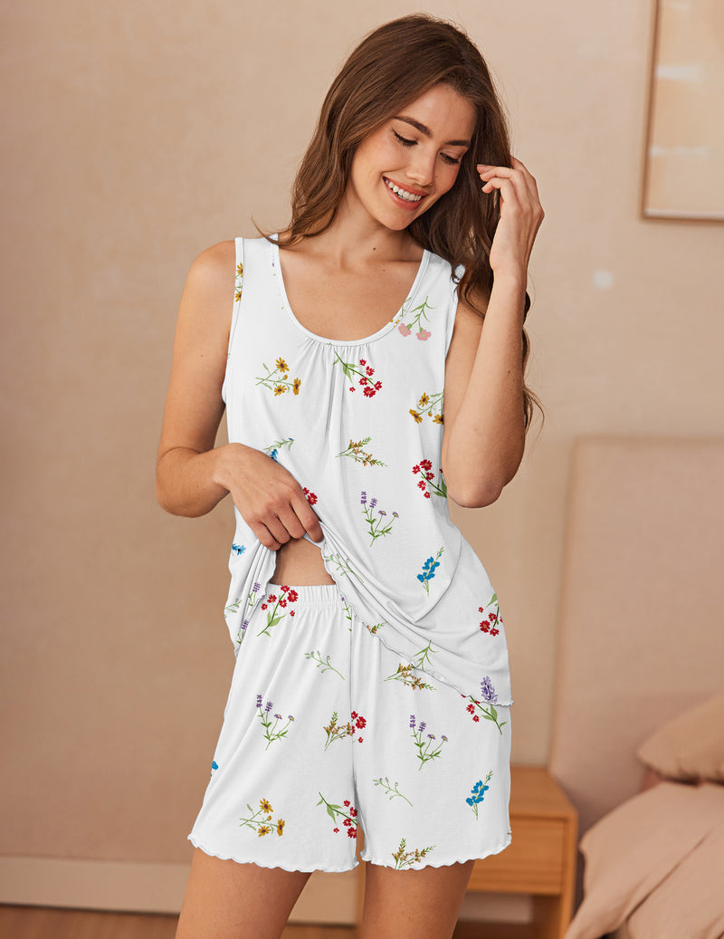 Bamboo viscose pajama set in white with floral print: sleeveless top and matching shorts