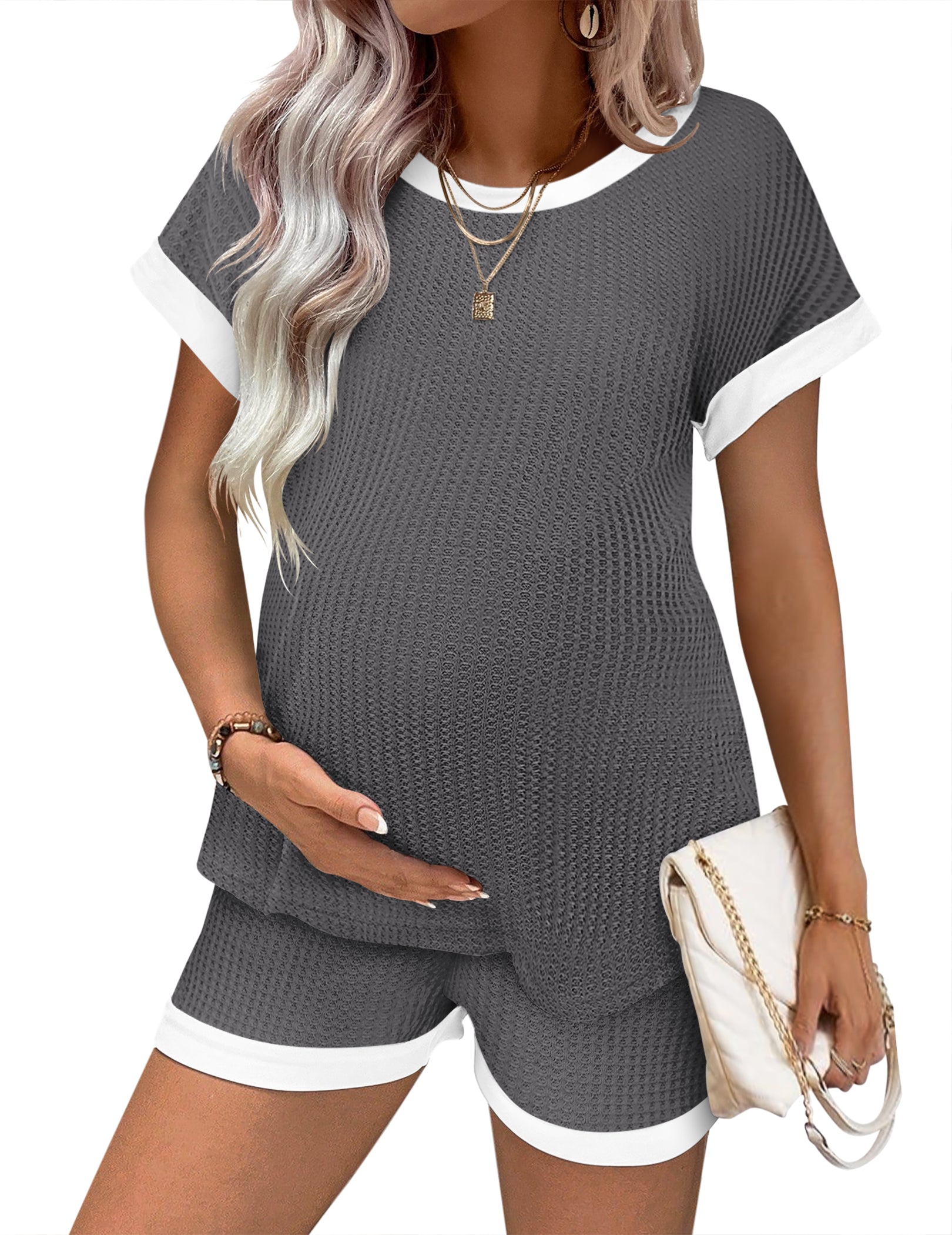 Maternity-Pyjama-Set aus Waffelstrick: Kurzarmoberteil und Shorts, dunkelgrau