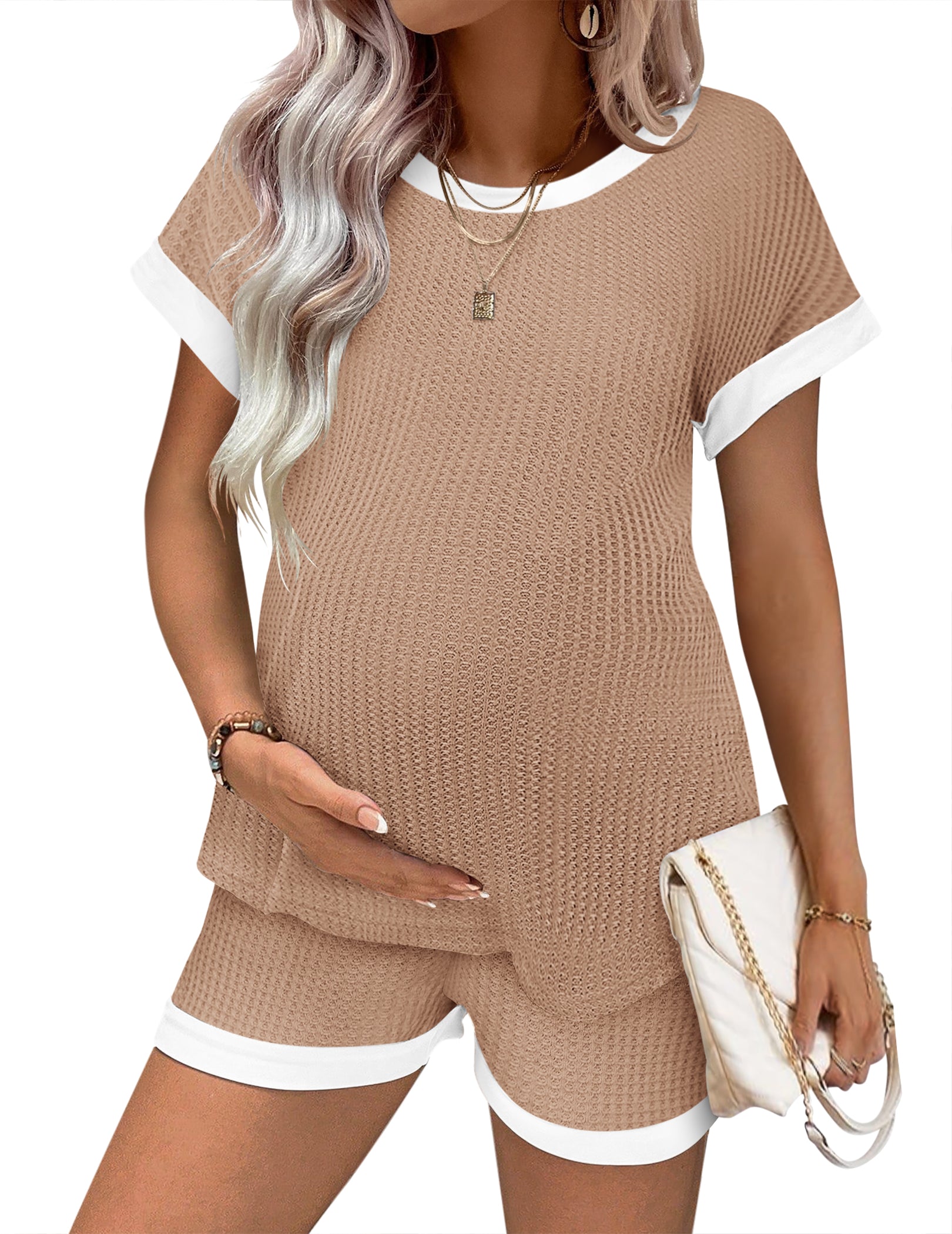 Maternity-Pyjama-Set aus Waffelstrick: Kurzarm-Tunika und Shorts, hellbraun/khaki