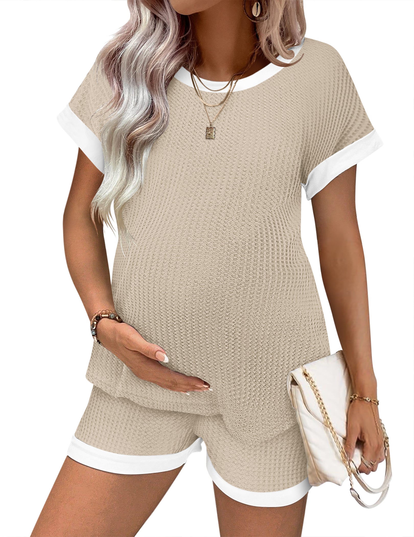 Maternity pajama set, waffle knit short-sleeve top and shorts in light khaki