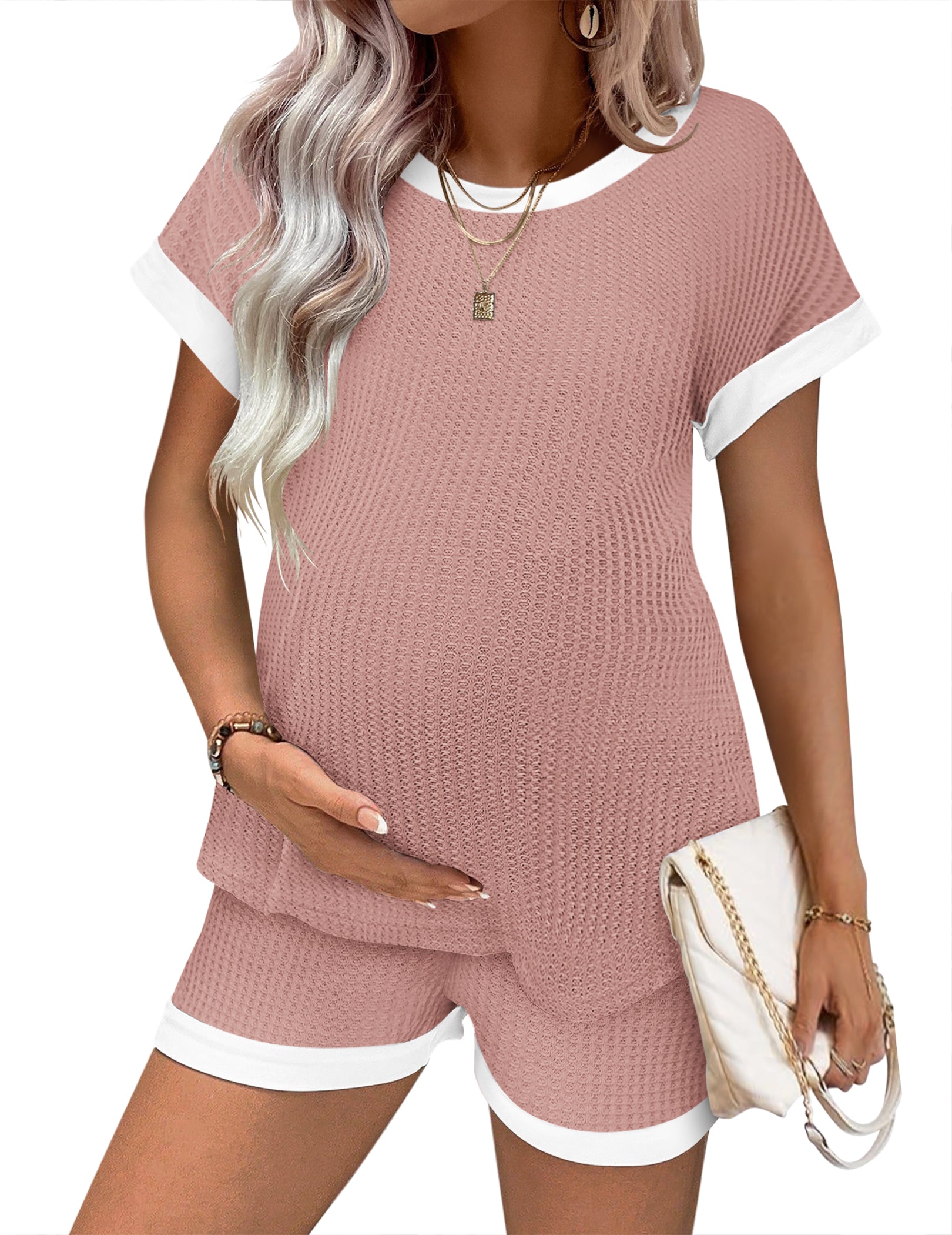 Maternity-Pyjama-Set aus Waffelstrick: Kurzarmshirt und Shorts, rosa