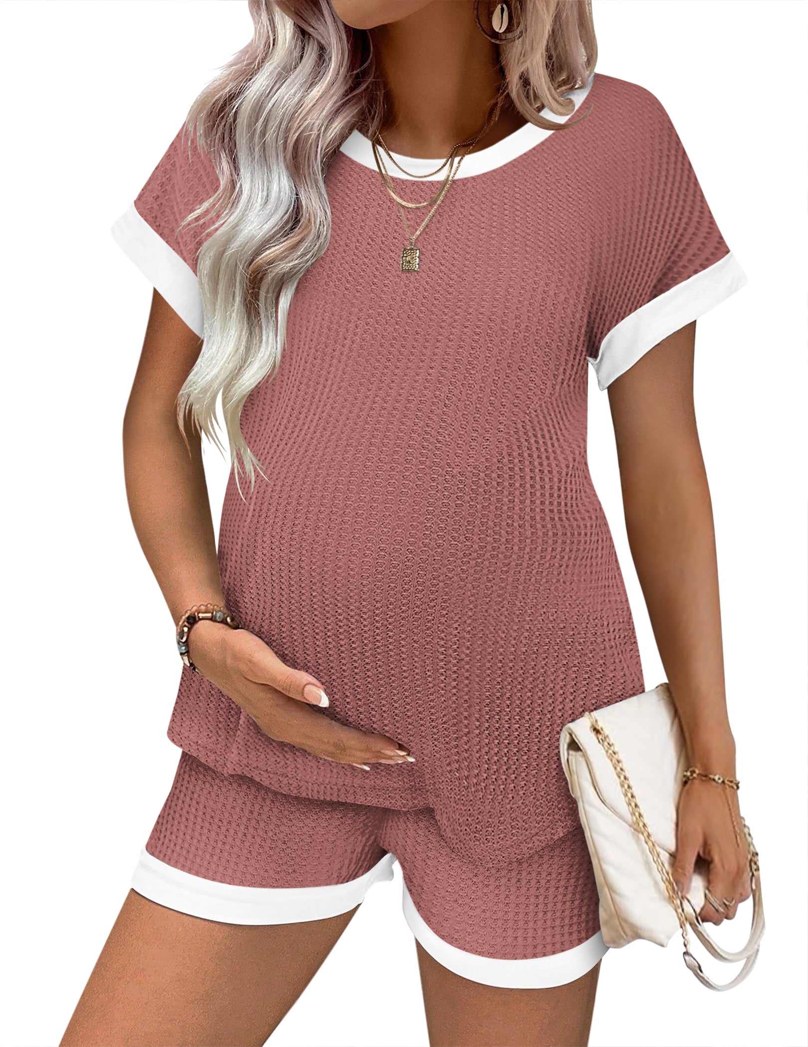 Maternity pajama set, waffle knit short-sleeve top and shorts in dusty pink