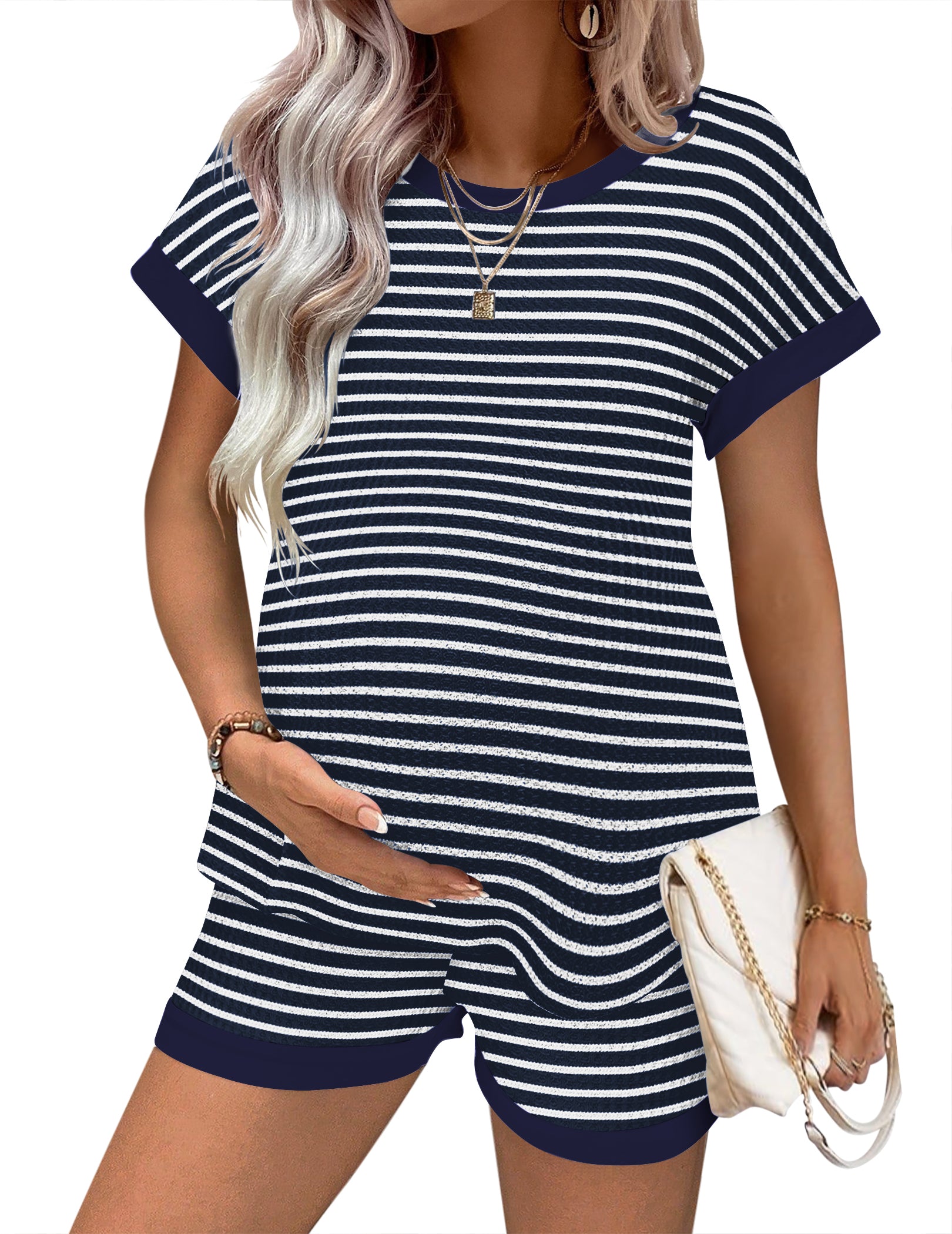 Gestreiftes Ekouaer Maternity-Pyjama-Set: Kurzarmshirt und Shorts, navy/weiß