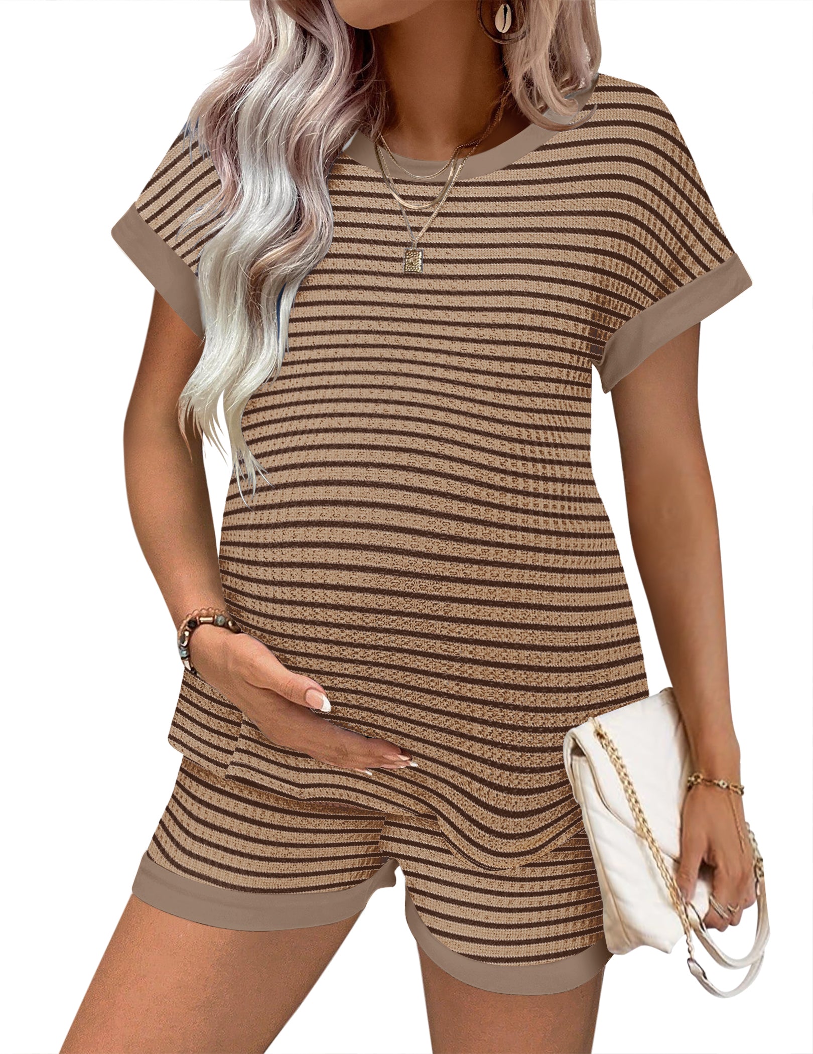 Maternity pajama set, brown-and-tan striped short-sleeve top and matching shorts