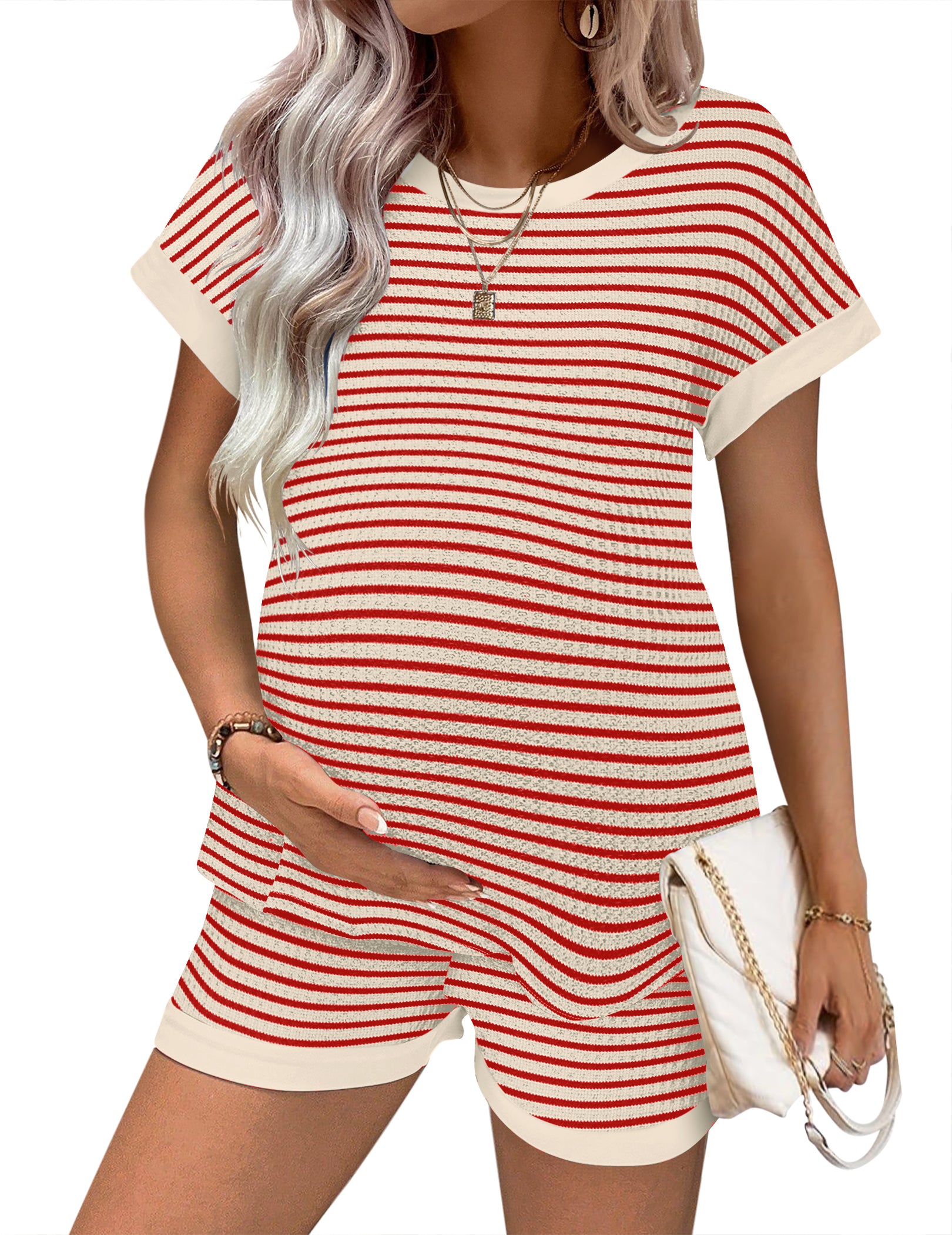 Gestreiftes Maternity-Pyjama-Set: Kurzarmoberteil und Shorts, rot/weiß
