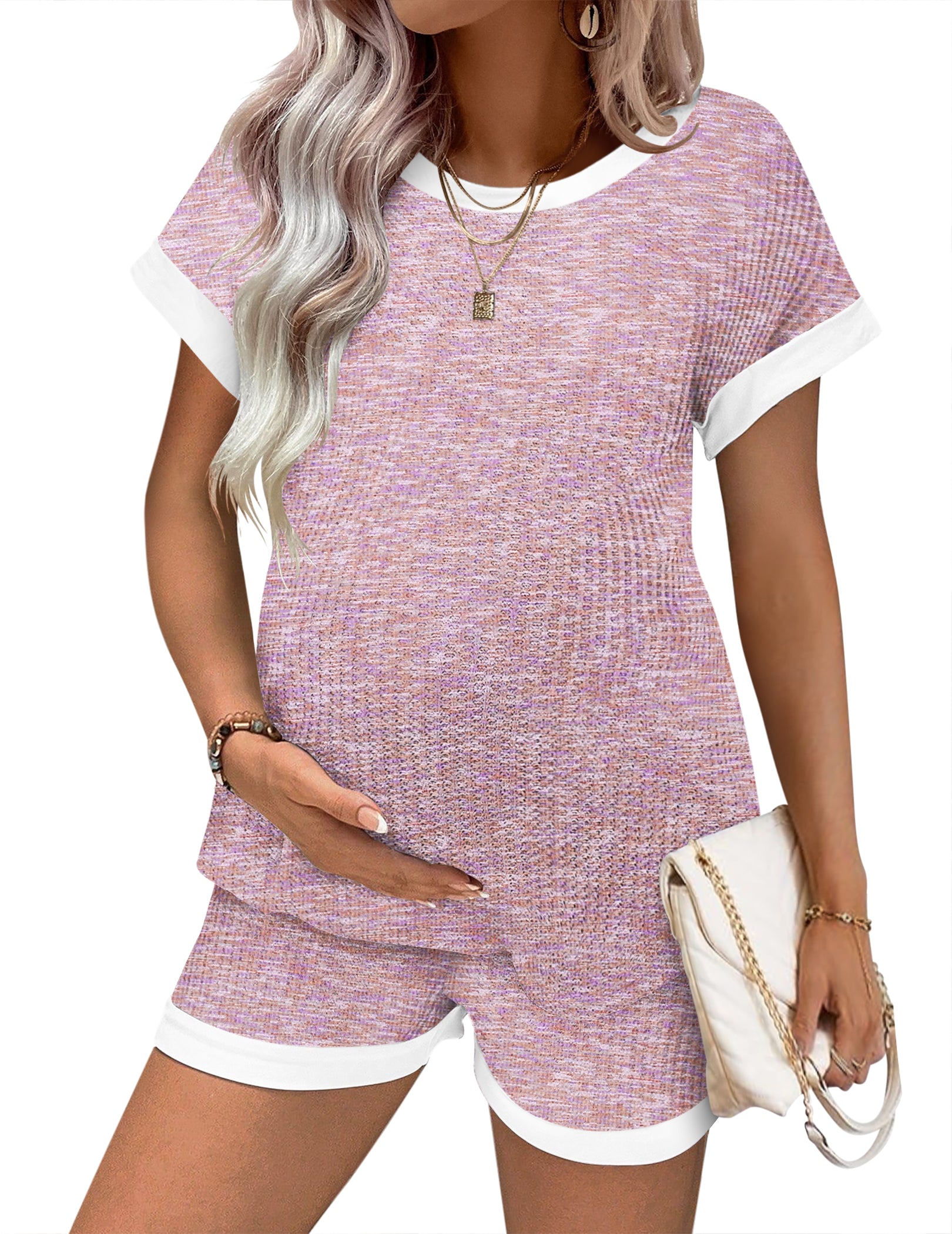 Lila/pink meliertes Umstands-Pyjama-Set: kurzärmeliges Top & Shorts