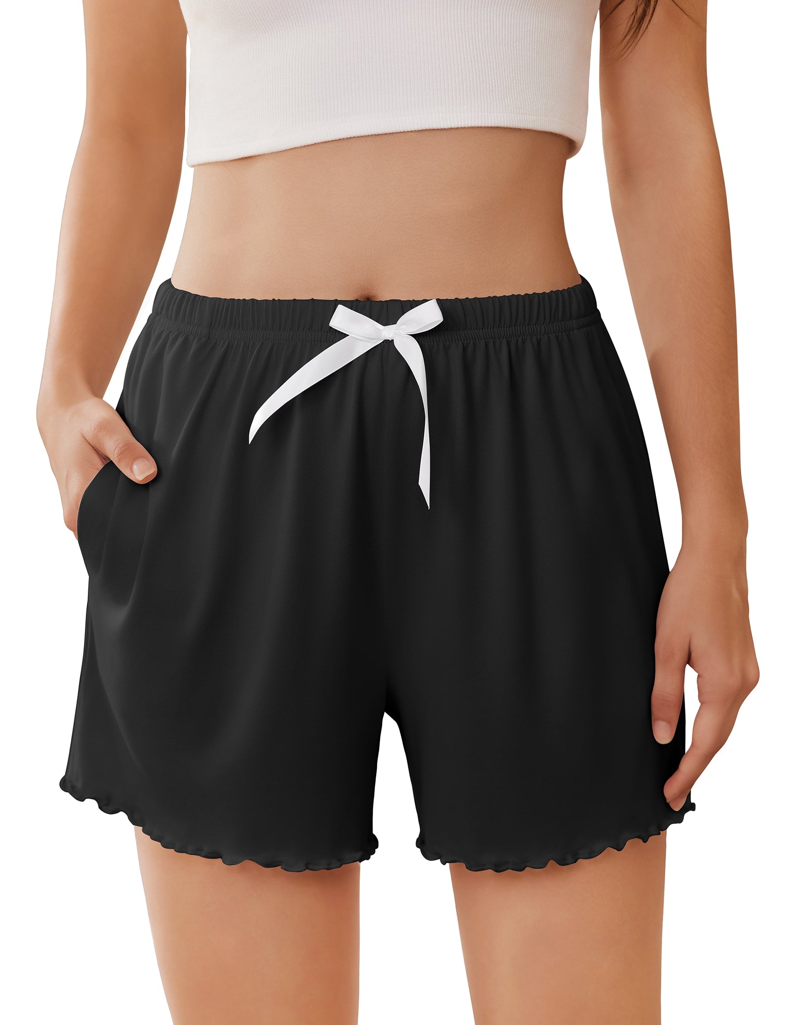 Ruffle Trim High Waist Pajama Shorts with Pockets