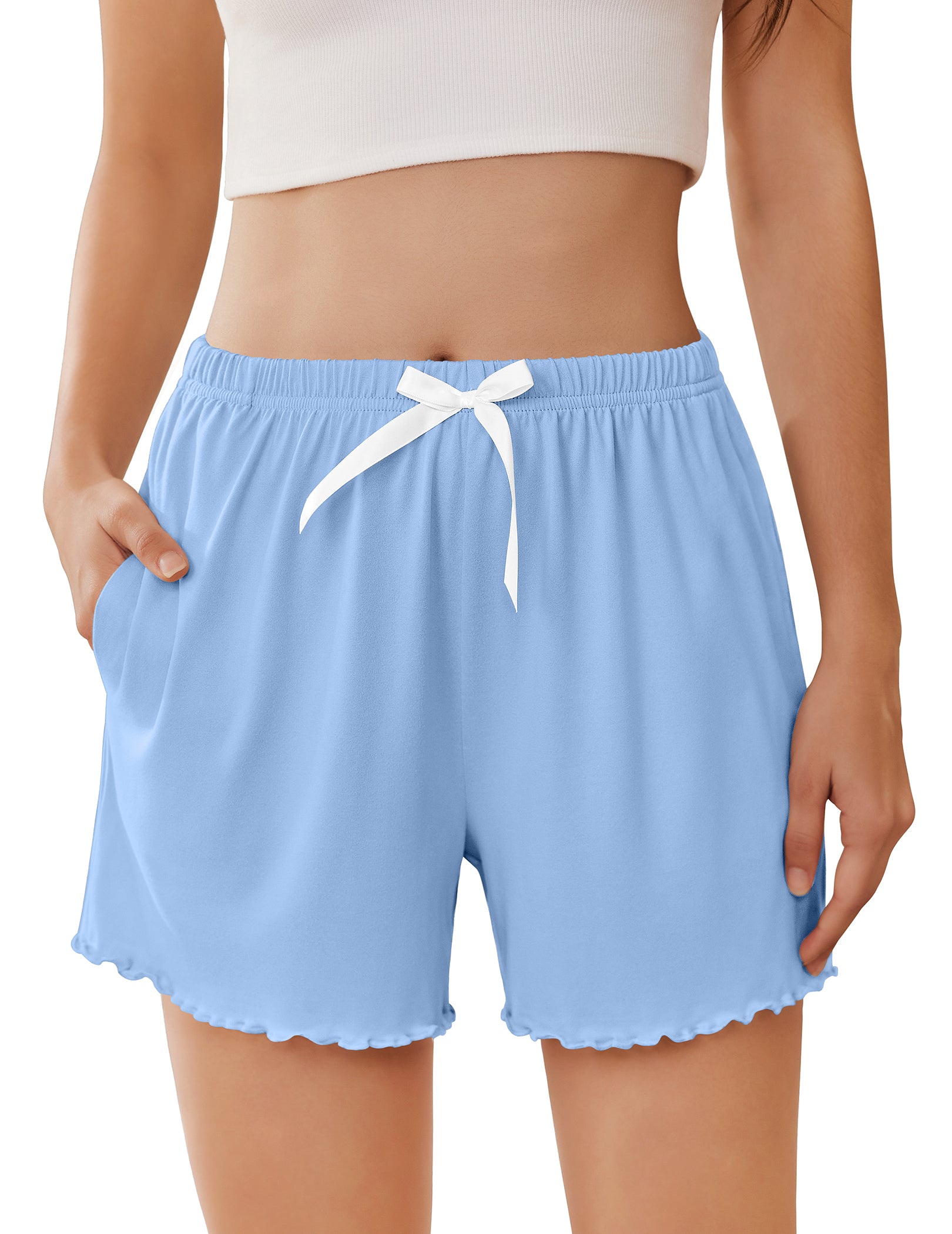 Ruffle Trim High Waist Pajama Shorts with Pockets