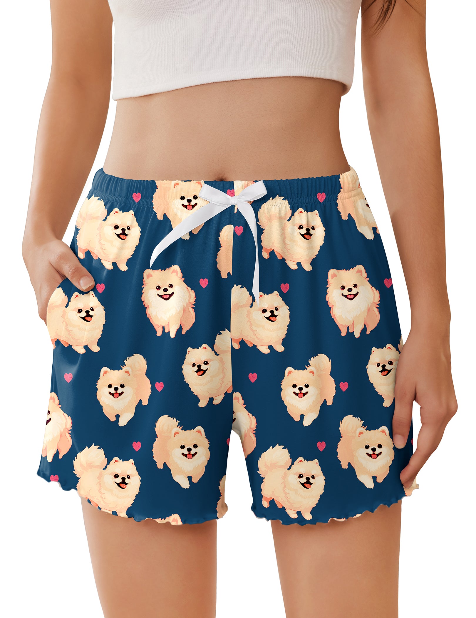 Ruffle Trim High Waist Pajama Shorts with Pockets