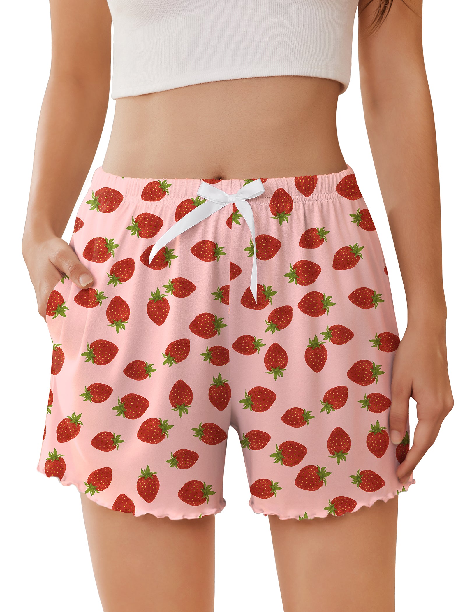 Ruffle Trim High Waist Pajama Shorts with Pockets