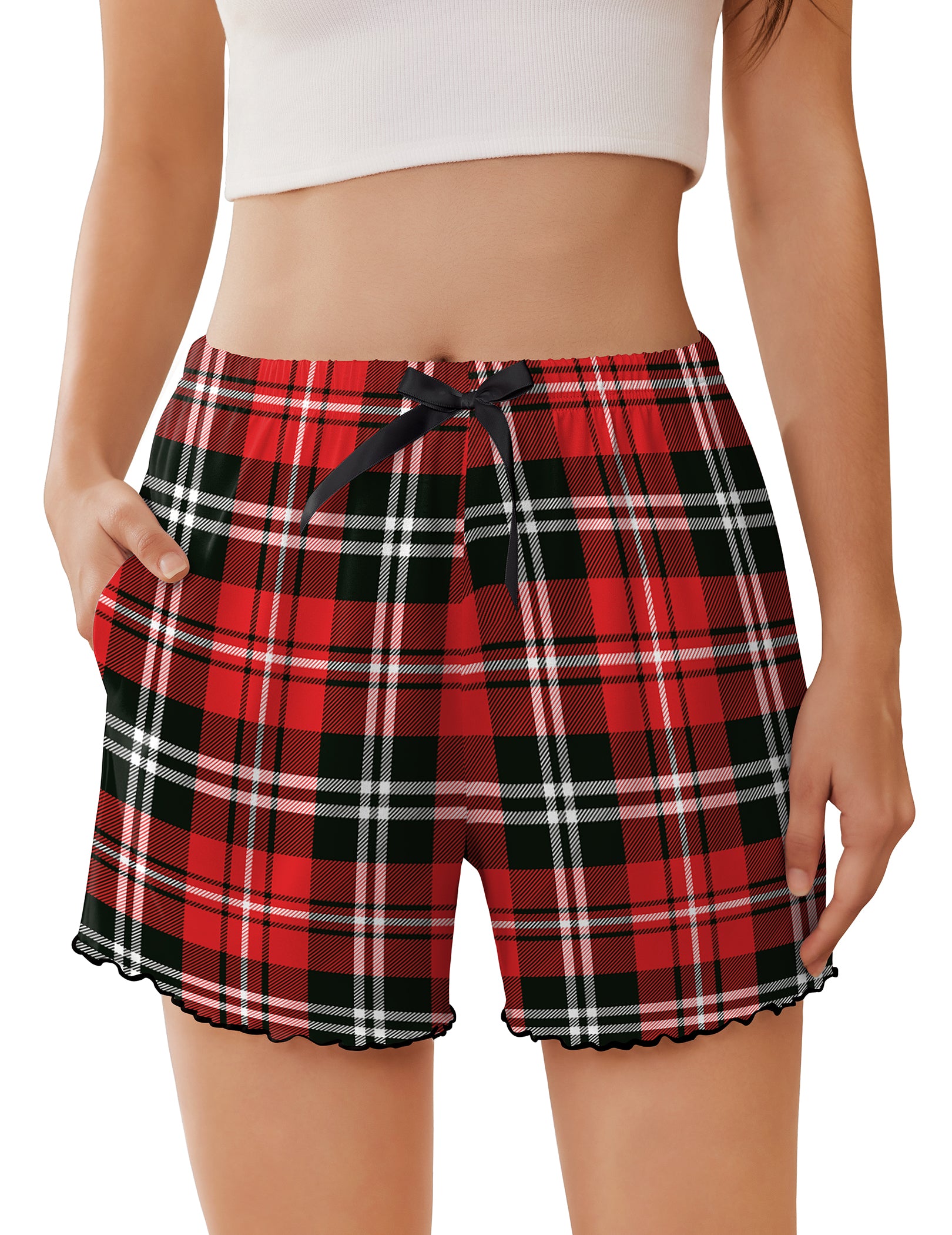 Ruffle Trim High Waist Pajama Shorts with Pockets