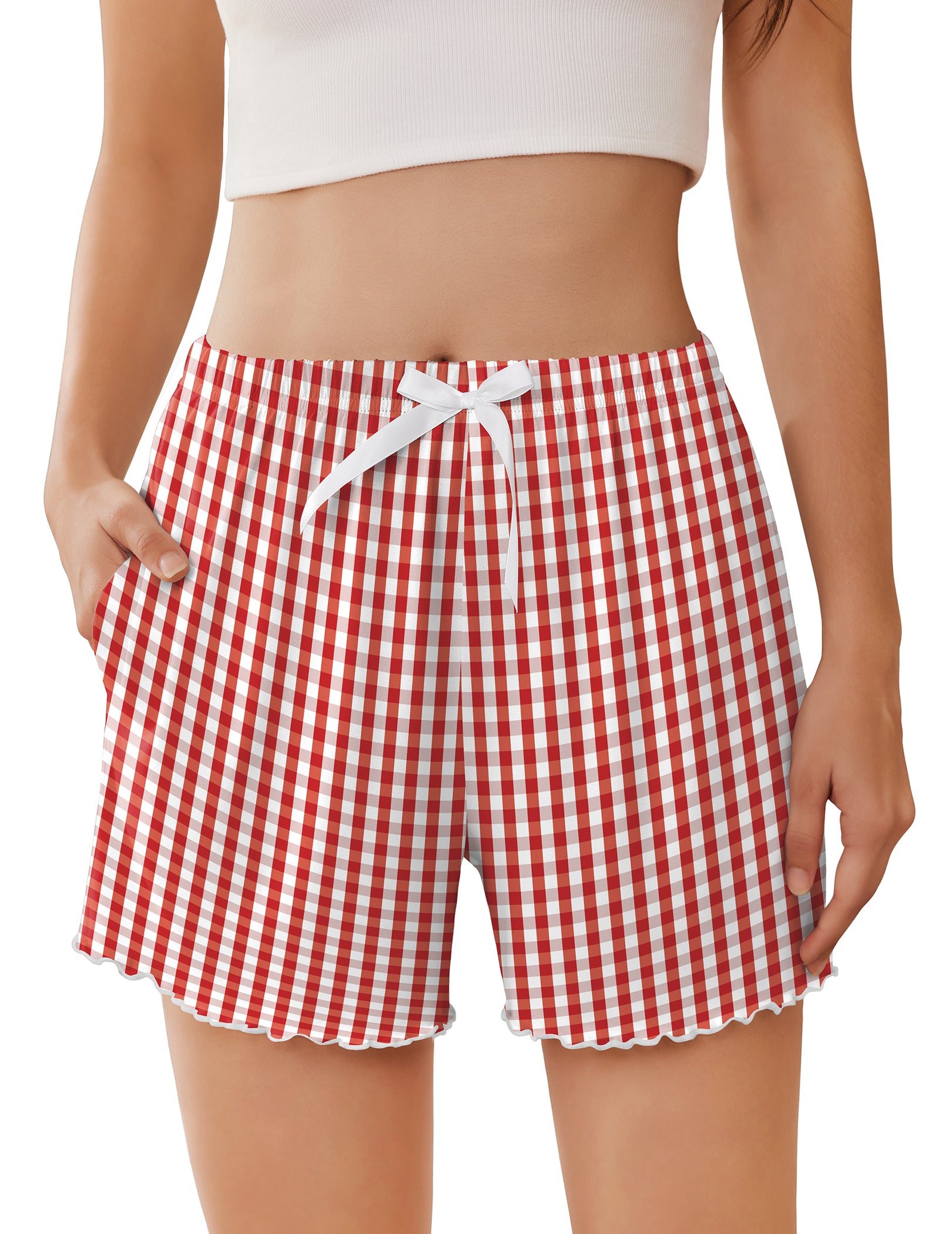 Ruffle Trim High Waist Pajama Shorts with Pockets