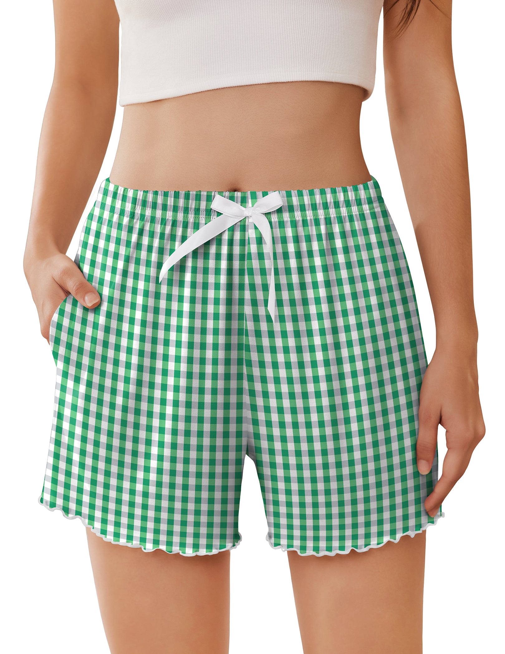 Ruffle Trim High Waist Pajama Shorts with Pockets