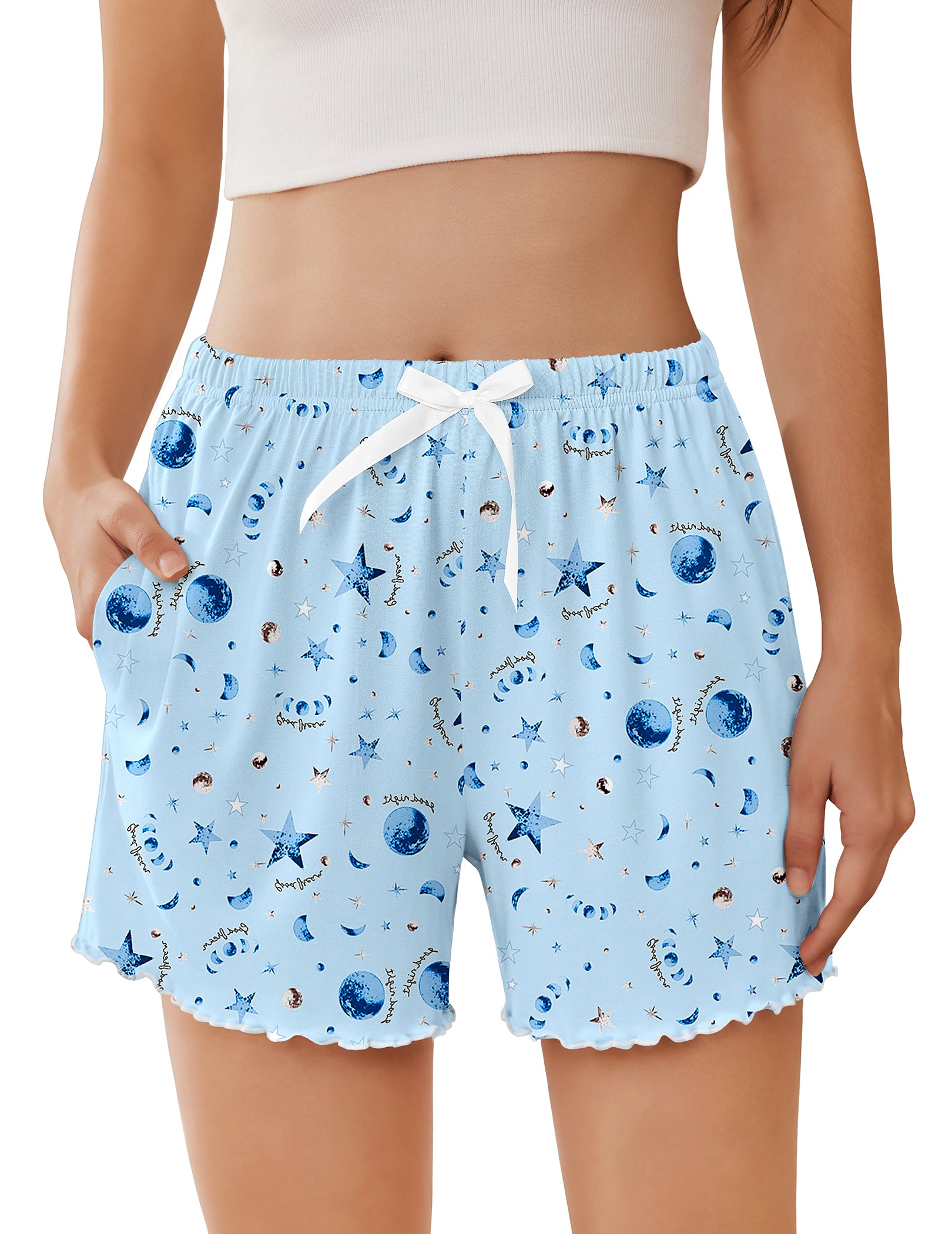 Ruffle Trim High Waist Pajama Shorts with Pockets