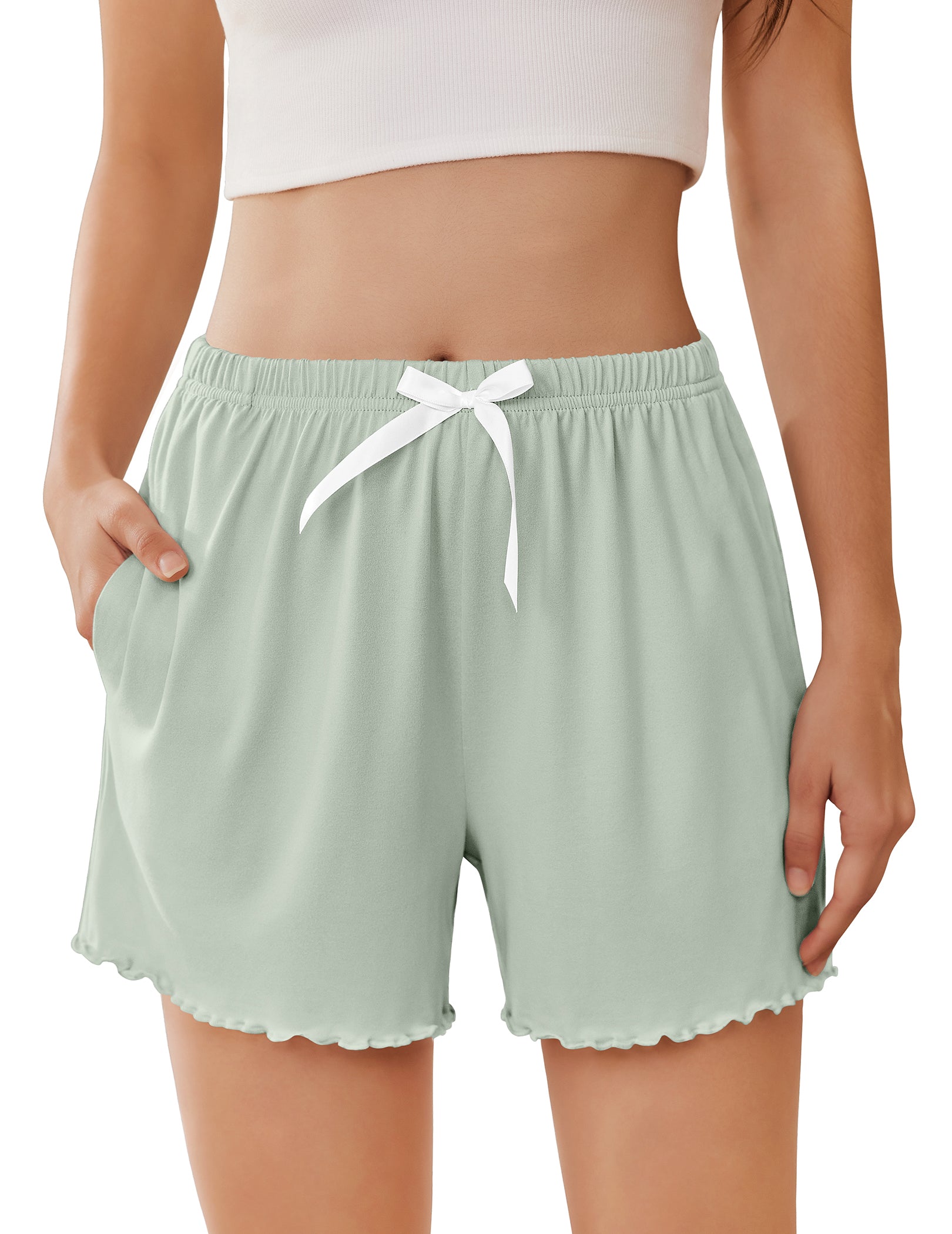 Ruffle Trim High Waist Pajama Shorts with Pockets